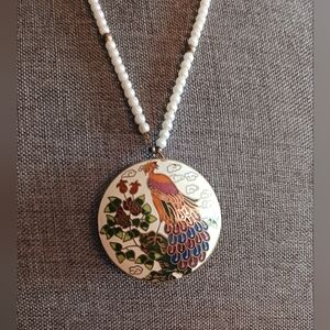 Vintage  Cloisonne Peacock Pendant With Faux Seed Pearl Chain Necklace